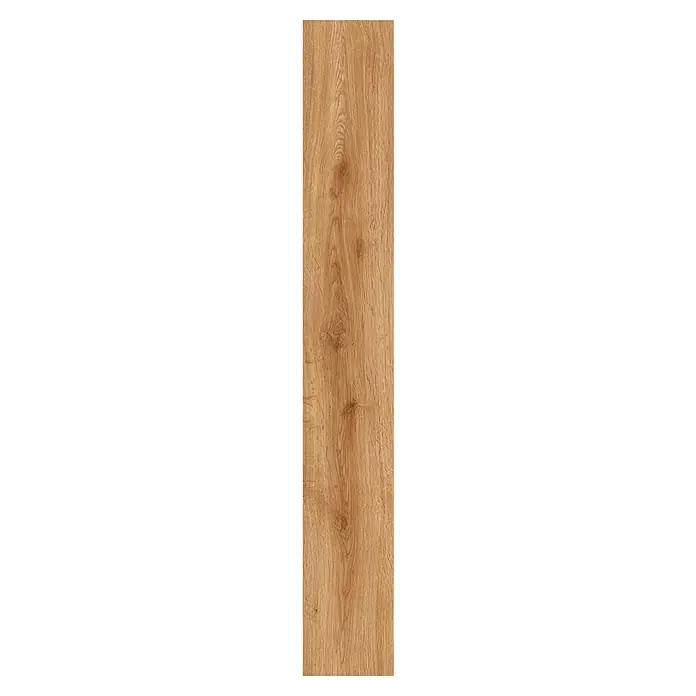 Laminado Roble Miel - 1.200 x 196 x 8 mm, Marrón, AC5 - Una sola tabla de madera con patrones de vetas distintivos en tonos marrones cálidos, perfecta para pisos o revestimientos de paredes.
