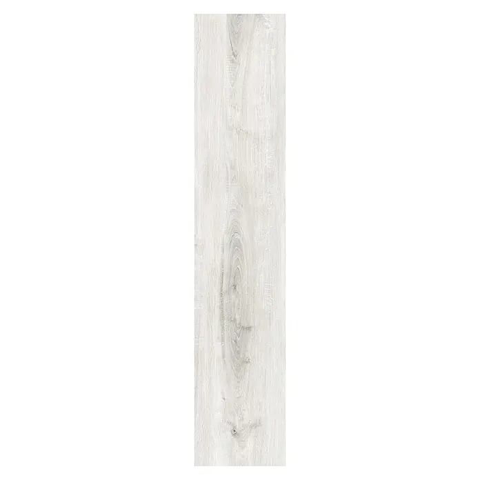 LOGOCLIC Laminado Hidro Roble Polar - 1.200 x 196 x 10 mm, Roble Polar, AC5, Resistente al agua - Primer plano de una sola baldosa de madera blanca alargada que muestra un patrón de grano de madera natural visible. Perfecto para suelos modernos.