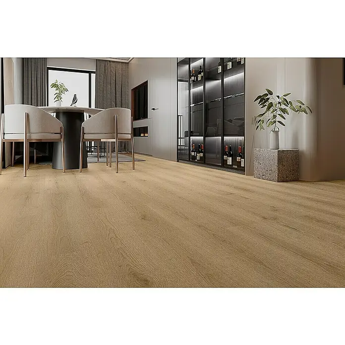 LOGOCLIC Laminado Hidro Roble Jerez - 1.200 x 196 x 10 mm, Roble, AC5 - Espacio acogedor con piso de madera clara que irradia calidez y elegancia natural, resaltando las líneas limpias del diseño.
