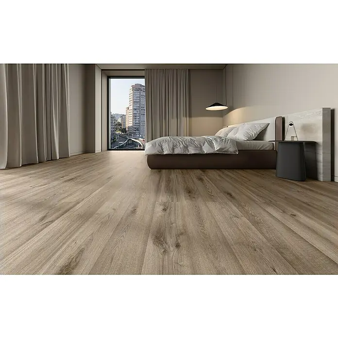 LOGOCLIC Laminado Roble Cappucchino - 1.200 x 196 x 10 mm, AC5 - Acogedora habitación con un elegante suelo de madera que aporta calidez y estilo al espacio. El pavimento es lo más destacado de esta habitación.