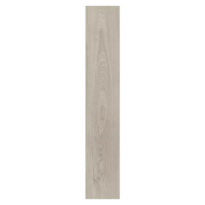 LOGOCLIC Laminado Roble Soho - 1.200 x 196 x 8 mm, Efecto madera campestre, AC4 - Vista vertical de una sola baldosa de madera gris claro, que muestra un patrón de vetas pronunciado para un ambiente elegante y natural.