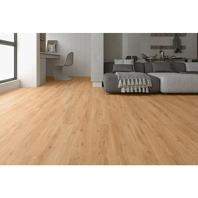 LOGOCLIC Laminado Hidro Roble Miel 48H Resistente al Agua - 1.200 x 196 x 10 mm, Roble Miel, AC5, Resistente al agua - Salón moderno y luminoso con un hermoso suelo de madera que irradia calidez y elegancia, creando un ambiente agradable.
