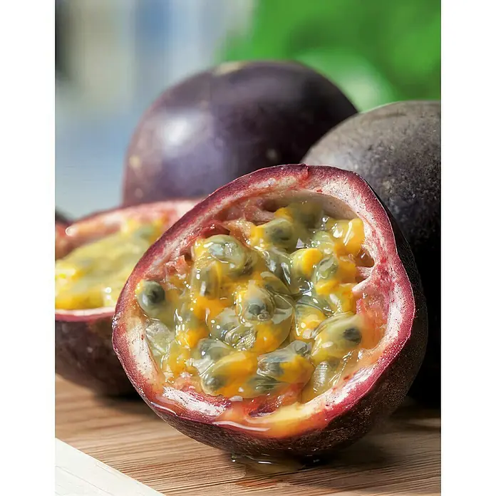 Obstbaum Bio Maracuja - Passiflora edulis, Topfgröße: 19 cm - Nahaufnahme von Passionsfrüchten, die ihr saftiges, gelbes Fruchtfleisch mit dunklen Samen zeigen. Köstlich und erfrischend.