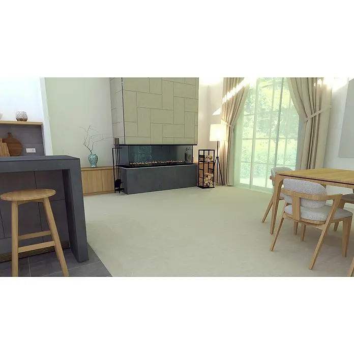 Marazzi Feinsteinzeugfliese Boston - 60 x 60 cm, Cream, Matt - Eine helle Essecke mit einem Holztisch, Stühlen mit Stoffbezug und einem Bartisch mit einem passenden Hocker für eine gemütliche Atmosphäre.
