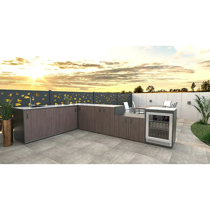 Bellano Living Outdoorküchen-Modul Basisschrank - Walnuss, B x T x H: 90 x 63,4 x 93,5 cm - Outdoor-Küchenzeile mit Spüle, viel Stauraum und Getränkekühler mit Glasfront. Das perfekte Set für Grillabende mit Freunden.