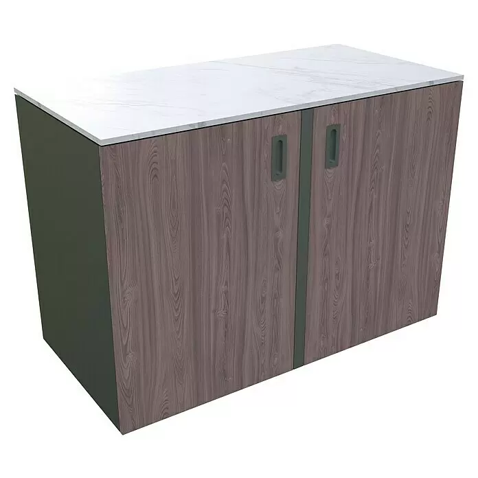 Bellano Living Outdoorküchen-Modul Doppelschrank - Walnuss, B x T x H: 126,8 x 63,4 x 93,5 cm - Modernes Sideboard mit weißer Marmorplatte, graubraunen Holzmaserungstüren und dunkelgrünen Seiten mit Griffmulden.