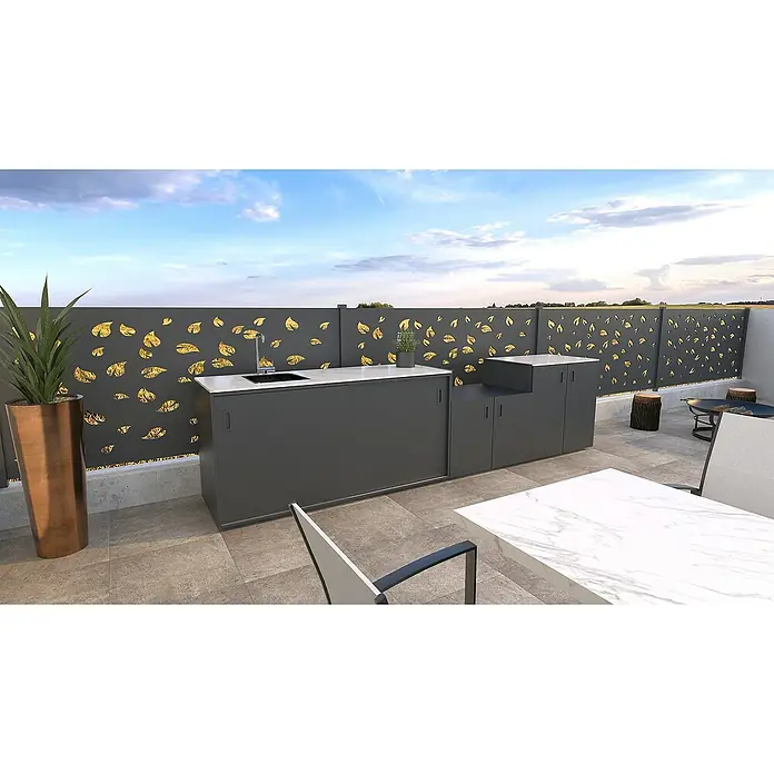 Bellano Living Outdoorküchen-Modul Basisschrank - Anthrazit, B x T x H: 90 x 63,4 x 93,5 cm - Außenküchenanlage mit Spüle, Schränken und stilvollem Blätterzaun. Ideal für stilvolles Kochen im Freien.