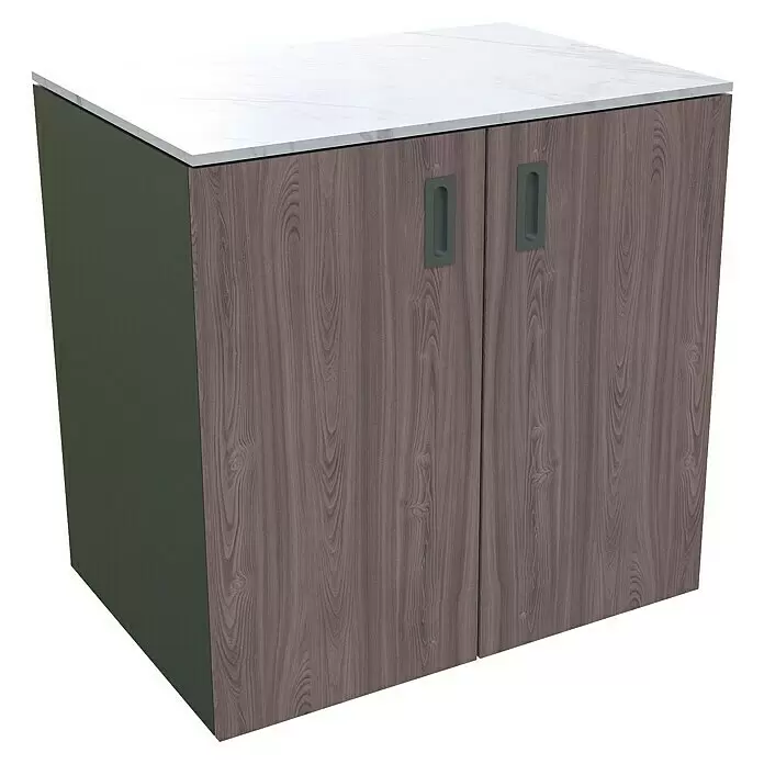Bellano Living Outdoorküchen-Modul Basisschrank - Walnuss, B x T x H: 90 x 63,4 x 93,5 cm - Unterschrank mit weißer Platte, holzgemaserten Türen, eingelassenen Griffen und dunkelgrüner Seitenwand.