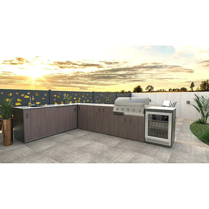 Bellano Living Outdoorküchen-Modul Grillelement - Walnuss, B x T x H: 90 x 63,4 x 92 cm - Außenküche mit Grill, Spüle, Kühlschrank und Stauraum.