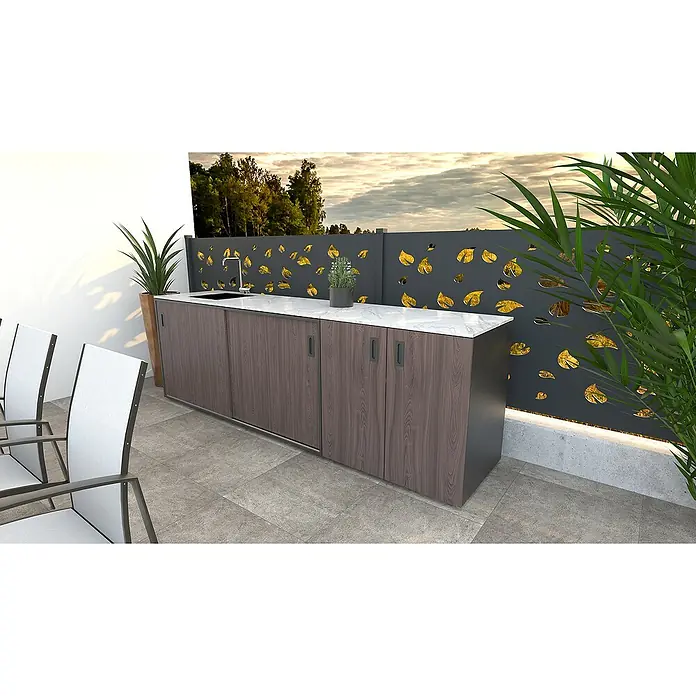Bellano Living Outdoorküchen-Modul Basisschrank - Walnuss, B x T x H: 90 x 63,4 x 93,5 cm - Diese Außenküche mit Spüle und Marmorarbeitsplatte ist ein echter Hingucker. Die Holztüren fügen sich perfekt in das moderne Design ein.