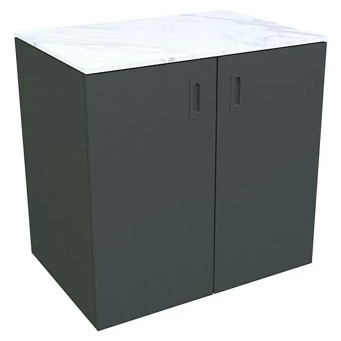 Bellano Living Outdoorküchen-Modul Basisschrank - Anthrazit, B x T x H: 90 x 63,4 x 93,5 cm - Dunkelgrauer Zweitürer-Schrank mit weißer Marmor-Arbeitsplatte und eingelassenen Griffen.
