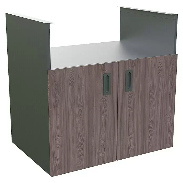 Bellano Living Outdoorküchen-Modul Grillelement - Walnuss, B x T x H: 90 x 63,4 x 92 cm - Zweitüriger Holzschrank mit grauen Griffen, hellgrauer Platte und grauen Seitenwänden für Büroablage.