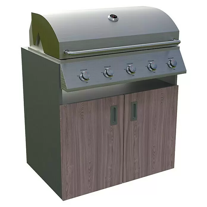 Bellano Living Outdoorküchen-Modul Grillelement - Walnuss, B x T x H: 90 x 63,4 x 92 cm - Gasgrill aus Edelstahl mit dunkelgrauem Unterschrank und Holztüren, ausgestattet mit mehreren Drehknöpfen und einem Deckelthermometer.
