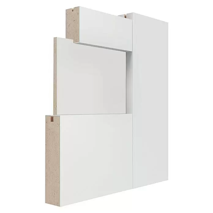 Invado Zimmertür BN1 - 735 x 1.985 mm, DIN Anschlag: Rechts, Verkehrsweiß matt - Weiße modulare Möbelplatten mit sichtbaren Spanplattenkanten und Montagestiften.