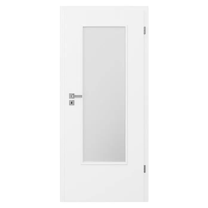 Invado Zimmertür ND31 LA - 860 x 1.985 mm, DIN Anschlag: Rechts, Verkehrsweiß matt, Röhrenspan, Satiniertes Glas - Weiße Innentür mit rechteckigem Milchglas, silbernem Griff und Schlüsselloch.