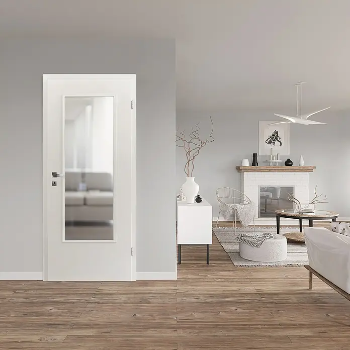 Invado Zimmertür ND31 LA - 860 x 1.985 mm, DIN Anschlag: Rechts, Verkehrsweiß matt, Röhrenspan, Klarglas - Zeitgenössische Inneneinrichtung mit einer stilvollen weißen Tür, die einen eleganten Übergang zum Wohnbereich bietet.