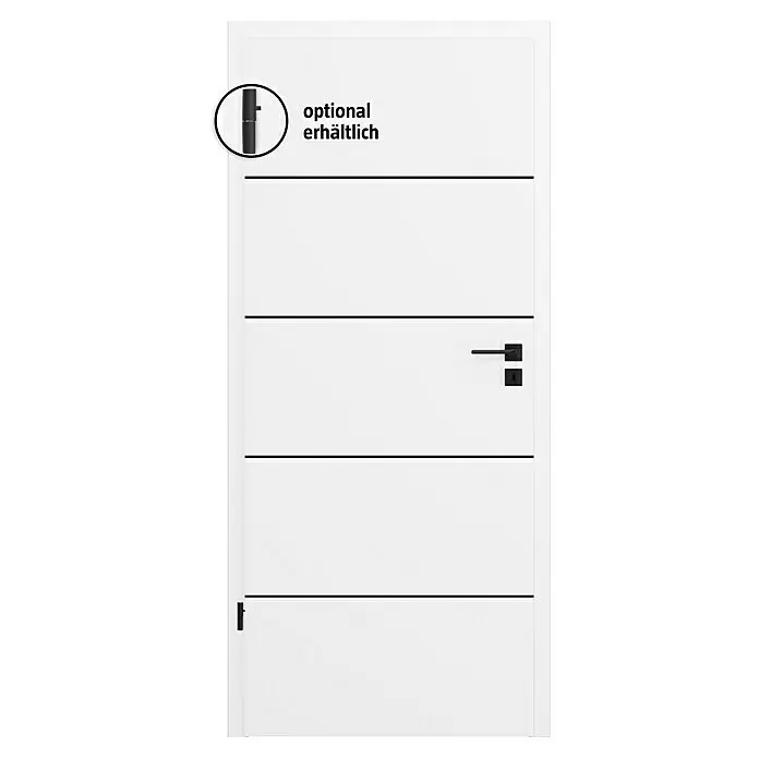 Invado Zimmertür BL1 - 735 x 1.985 mm, DIN Anschlag: Links, Verkehrsweiß matt, Röhrenspan - Weiße moderne Tür mit schwarzen horizontalen Linien, schwarzem Türgriff und Schlüsselloch. Optionaler vertikaler Griff abgebildet.