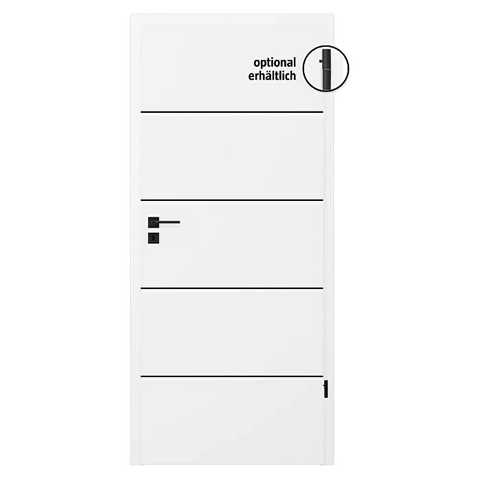 Invado Zimmertür BL1 - 985 x 1.985 mm, DIN Anschlag: Rechts, Verkehrsweiß matt, Röhrenspan - Weiße Tür mit schwarzen Querstreifen und modernem schwarzem Griff. Optionaler schwarzer Muschelgriff gezeigt.