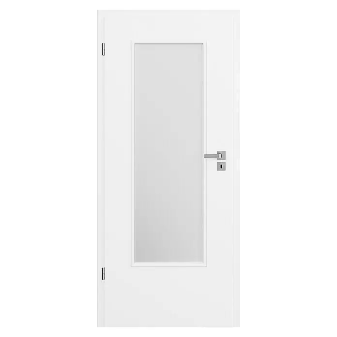 Invado Zimmertür ND31 LA - 735 x 1.985 mm, DIN Anschlag: Links, Verkehrsweiß matt, Röhrenspan, Satiniertes Glas - Weiße Innentür mit Milchglasfüllung und silbernem Griff.