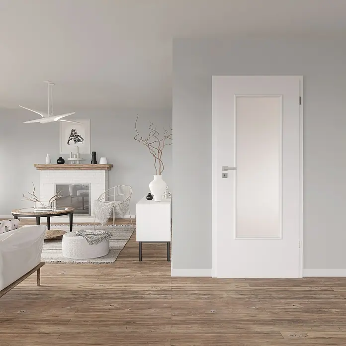 Invado Zimmertür ND31 LA - 860 x 1.985 mm, DIN Anschlag: Rechts, Verkehrsweiß matt, Röhrenspan, Satiniertes Glas - Elegante weiße Innentür mit Lichtausschnitt. Die Tür fügt sich nahtlos in das moderne Raumdesign ein und sorgt für eine helle Atmosphäre.