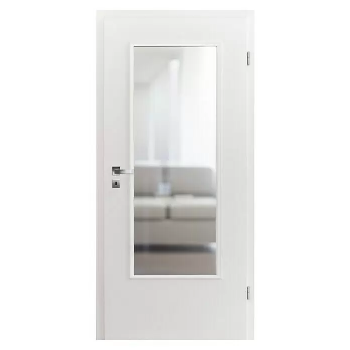 Invado Zimmertür ND31 LA - 860 x 1.985 mm, DIN Anschlag: Rechts, Verkehrsweiß matt, Röhrenspan, Klarglas - Weiße Innentür mit großem rechteckigem Glasfeld, silbernem Griff und Schlüsselloch.