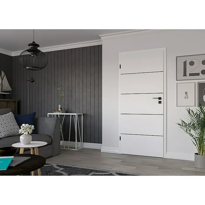 Invado Zimmertür BL1 - 735 x 1.985 mm, DIN Anschlag: Links, Verkehrsweiß matt, Röhrenspan - Weiß lackierte Innentür mit geraden, minimalistischen Linien und dunklen Akzenten. Elegantes Design für moderne Wohnräume.