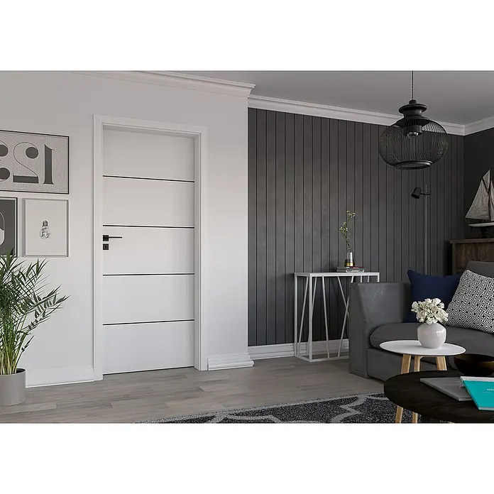 Invado Zimmertür BL1 - 735 x 1.985 mm, DIN Anschlag: Links, Verkehrsweiß matt, Röhrenspan - Elegante Innentür in Weiß mit schlichten, horizontalen Akzenten, die modernes Design und Funktionalität vereint.