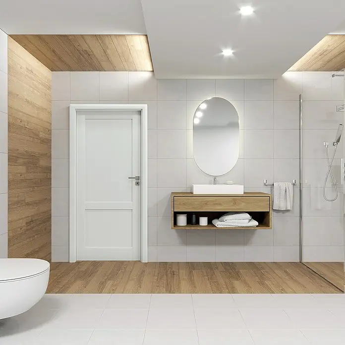 Invado Zimmertür BN1 - 735 x 1.985 mm, DIN Anschlag: Rechts, Verkehrsweiß matt - Modernes Badezimmer mit einem stilvollen Waschtisch aus Holz, einem ovalen Spiegel mit Beleuchtung und einer weißen Tür.