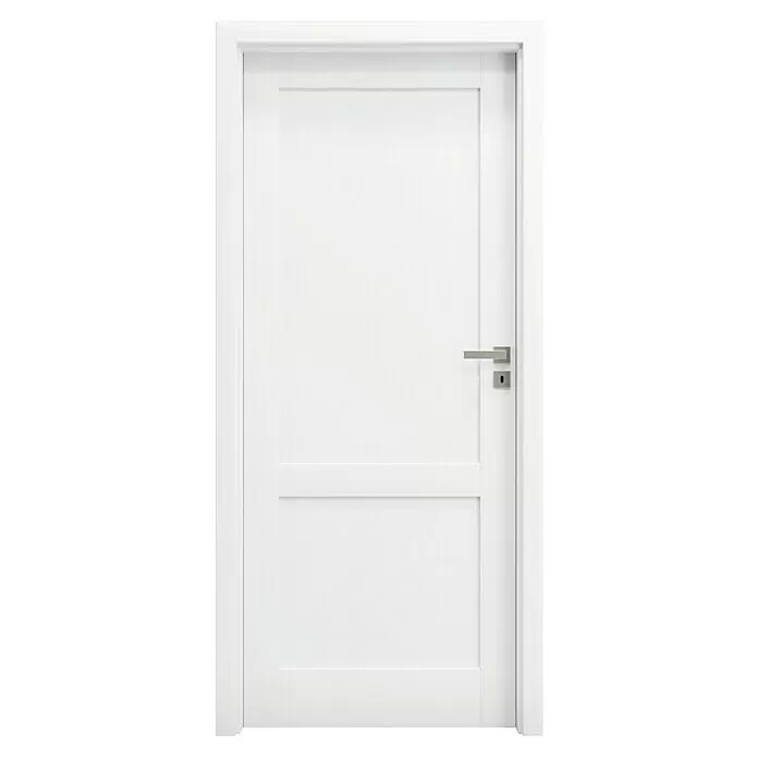 Invado Zimmertür BN1 - 735 x 1.985 mm, DIN Anschlag: Rechts, Verkehrsweiß matt - Weiße Innentür mit zwei Feldern und modernem silbernem Griff.