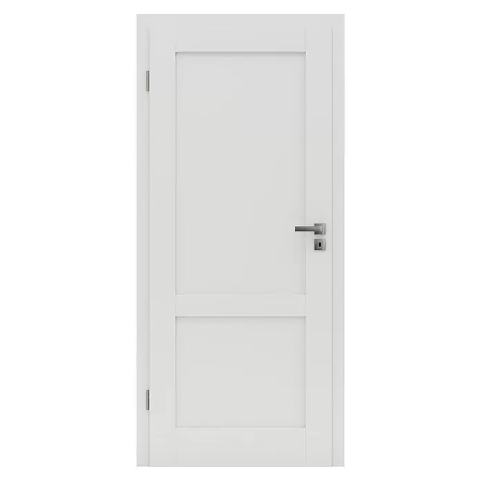 Invado Zimmertür BN1 - 735 x 1.985 mm, DIN Anschlag: Links, Verkehrsweiß matt - Moderne weiße Innentür mit minimalistischen Paneelen und silbernem Griff.