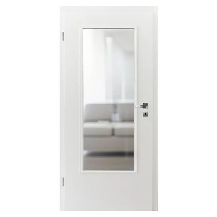 Invado Zimmertür ND31 LA - 735 x 1.985 mm, DIN Anschlag: Links, Verkehrsweiß matt, Röhrenspan, Klarglas - Weiße Innentür mit großer Glasscheibe, silbernem Griff und Schlüsselloch.