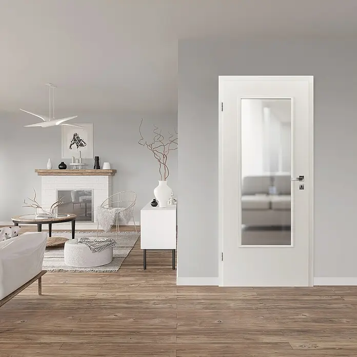 Invado Zimmertür ND31 LA - 735 x 1.985 mm, DIN Anschlag: Links, Verkehrsweiß matt, Röhrenspan, Klarglas - Moderne weiße Innentür mit Glaseinsatz. Das minimalistische Design fügt sich nahtlos in jeden Raum ein und bietet stilvolle Funktionalität.