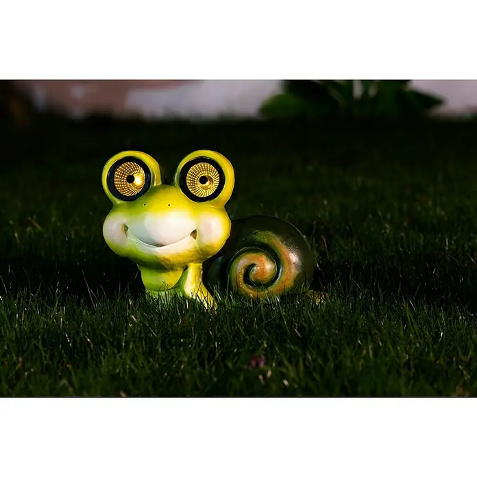 BAUHAUS Solar-Dekoleuchte - Lichtfarbe: Warmweiß, 31,5 x 36 x 18 cm, Schnecke - Dekorative Gartenfigur, die eine gelbe Frosch-Schnecken-Kombination mit leuchtenden Augen darstellt, ideal für die Gartengestaltung.