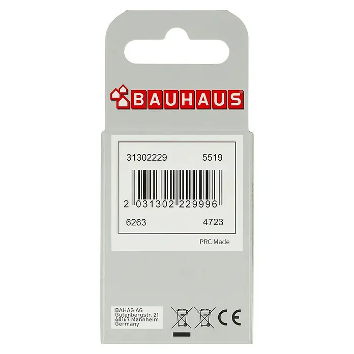 BAUHAUS Akku-Batterien USB-C - Micro AAA, Li-Ionen, 4 Stk. - Graue Produktverpackung von Bauhaus mit Informationen zu Artikelnummer, Barcode und Herstellungsort.