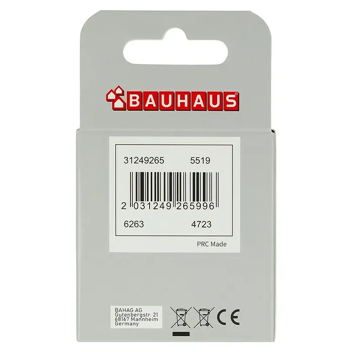 BAUHAUS Akku-Batterien USB-C - Mignon AA, Li-Ionen, 4 Stk. - Nahaufnahme der Verpackung eines Bauhaus-Produkts mit Barcode, Modellnummern und Recyclinghinweisen.