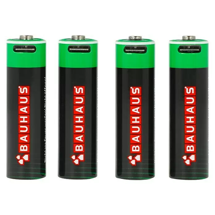 BAUHAUS Akku-Batterien USB-C - Mignon AA, Li-Ionen, 4 Stk. - Vier schwarz-grüne Bauhaus Akkus mit integrierten USB-A-Anschlüssen, mit Bauhaus-Logo und Warnhinweis vor Feuer und Öffnen.