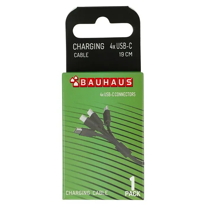BAUHAUS USB-Ladekabel 4 x USB-C - Schwarz, Länge: 19 cm, USB A-Stecker - Abbildung einer Verpackung mit 4 USB-C-Ladekabeln von Bauhaus, 19 cm lang, mit grüner Verpackung und der Aufschrift "1 PACK".