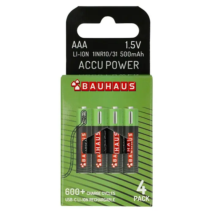 BAUHAUS Akku-Batterien USB-C - Micro AAA, Li-Ionen, 4 Stk. - AAA-Akkus von Bauhaus, 1,5V, Li-Ion, 1INR10/31, 500mAh, wiederaufladbar über USB-C, 4er-Pack, ideal für Geräte des täglichen Gebrauchs.