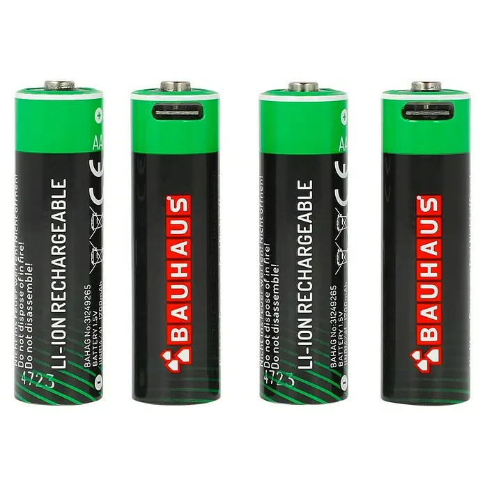 BAUHAUS Akku-Batterien USB-C - Mignon AA, Li-Ionen, 4 Stk. - Abbildung von vier AA-Li-Ion-Akkus der Marke Bauhaus mit 1,5V und 1700mAh.