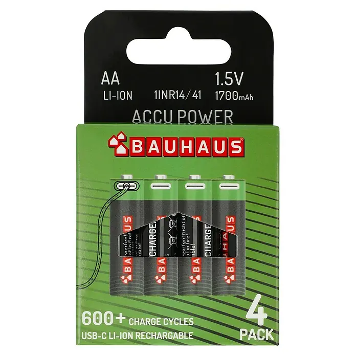 BAUHAUS Akku-Batterien USB-C - Mignon AA, Li-Ionen, 4 Stk. - Eine Packung Bauhaus AA Li-Ionen-Akkus mit USB-C-Anschluss, wiederaufladbar für 600+ Ladezyklen.