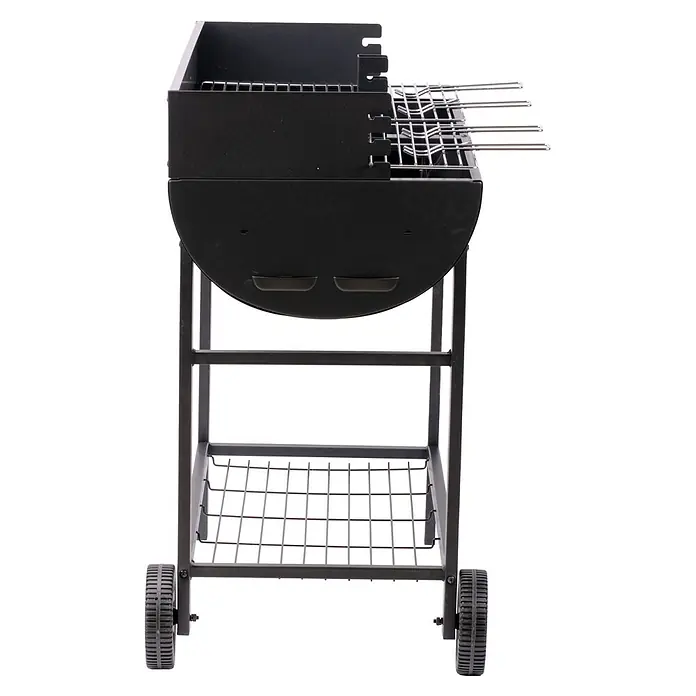 Grillstar Barbacoa de carbón Texas II - Superficie de la parrilla (An x Pr): 80 x 46 cm, Negro - Parrilla negra con ruedas y estante de almacenamiento. La parrilla tiene una rejilla y barras laterales para herramientas.