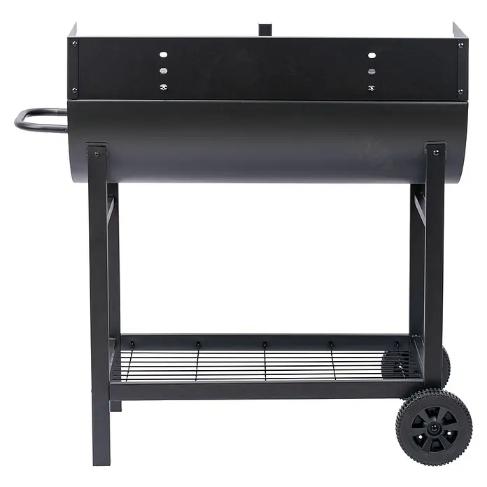 Grillstar Holzkohlegrill Texas II - Grillfläche (B x T): 80 x 46 cm, Schwarz - Ein schwarzer Holzkohlegrill mit Rädern und einer Ablagefläche. Der Grill ist bereit für den Einsatz im Freien.