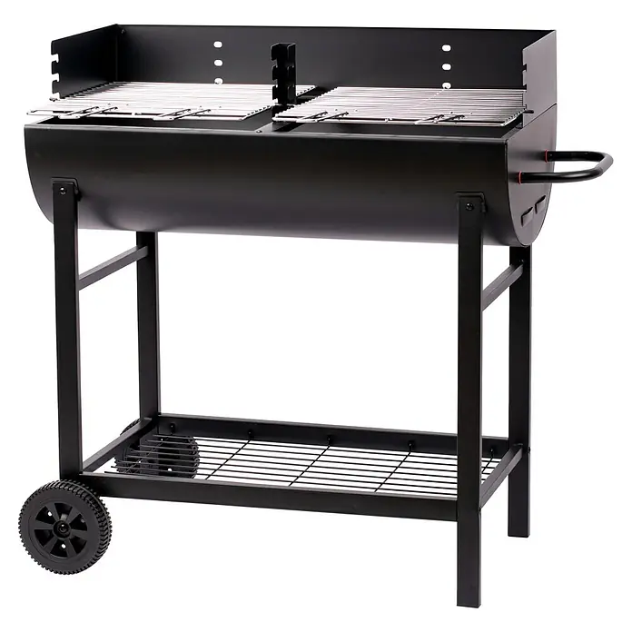 Grillstar Holzkohlegrill Texas II - Grillfläche (B x T): 80 x 46 cm, Schwarz - Nahaufnahme eines tragbaren Holzkohlegrills mit Grillrosten, Ablagefläche und einem Rad für einfachen Transport.