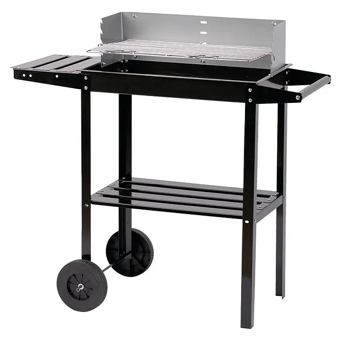 Grillstar Barbacoa de carbón Nevada - Superficie de la parrilla (An x Pr): 49 x 27 cm, Negro - Carro de parrilla negro con dos ruedas y estante de almacenamiento para accesorios para una parrillada cómoda al aire libre.