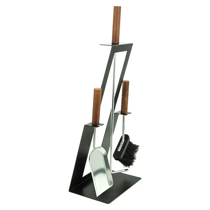 Valo Kamingarnitur Malmö - 24 x 17 x 63 cm, Schwarz - Ein elegantes Kaminbesteck-Set mit Halterung. Das Set besteht aus einer Schaufel, einer Bürste und einem Schürhaken, die in einem stilvollen Ständer aufbewahrt werden.