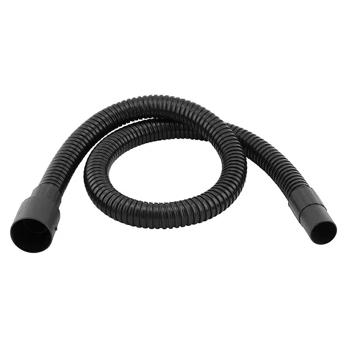 Valo Aschesauger - 1.200 W, 18 l - Nahaufnahme eines schwarzen flexiblen Staubsaugerschlauchs mit geriffelter Oberfläche und Endstücken.
