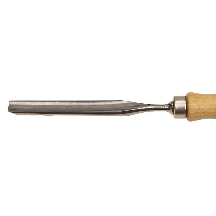 Stubai Hohlbeitel - Klingenbreite: 10 mm - Ein Stechbeitel mit Holzgriff liegt vor einem weißen Hintergrund. Das Werkzeug hat eine scharfe Klinge zum Bearbeiten von Holz.
