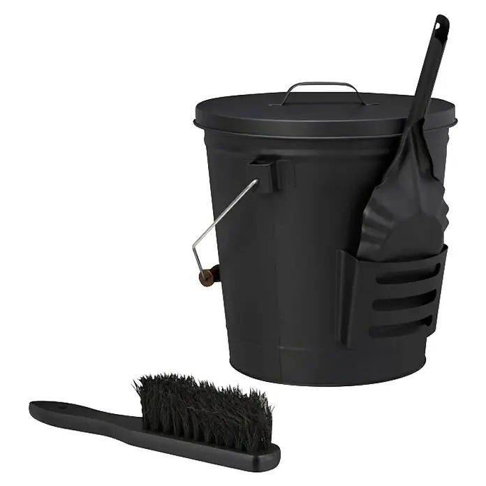 Valo Ascheeimer - Fassungsvermögen: 15 l, Schwarz, Mit Deckel, Schaufel, Besen - Schwarzes Kaminbesteck mit Eimer, Schaufel und Bürste für die Kaminreinigung, praktisch und stilvoll.