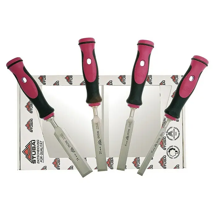 Stubai Stechbeitelsatz - 4 -tlg., Rot/Schwarz - Satz Stubai Stecheisen mit pinkfarbenen Griffen und Größen von 12 mm bis 24 mm, ideal für präzise Holzarbeiten und professionelle Anwendungen.