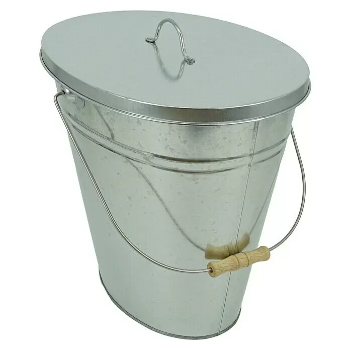 Valo Ascheeimer - Fassungsvermögen: 24 l, Silber - Ovaler verzinkter Metalleimer mit Deckel und Holzgriff.